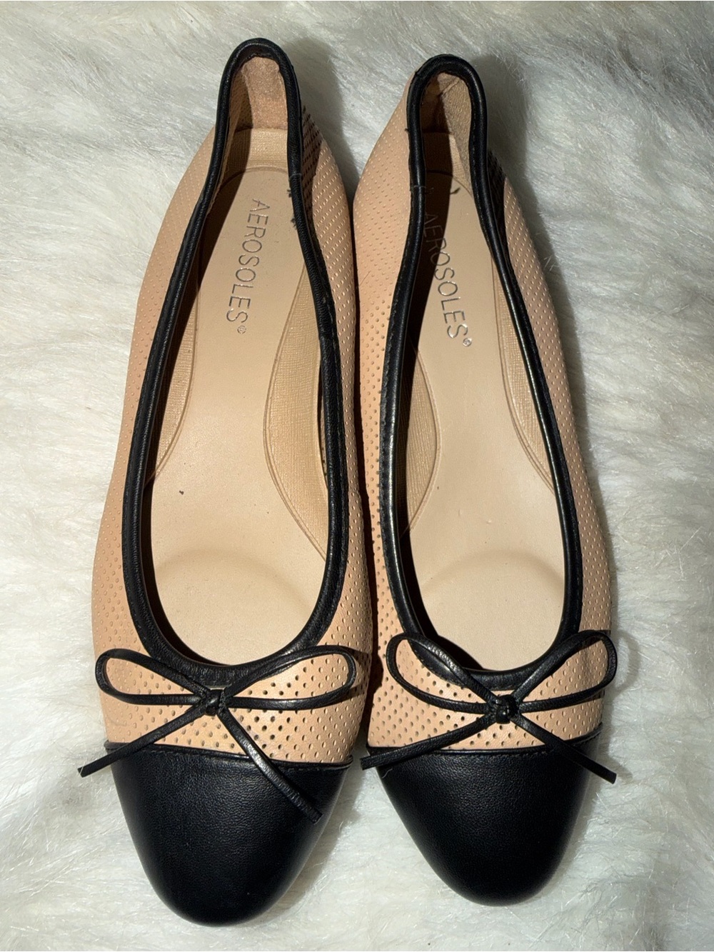 AEROSOLES Nude and Black Perforated Bow Ballet Flats